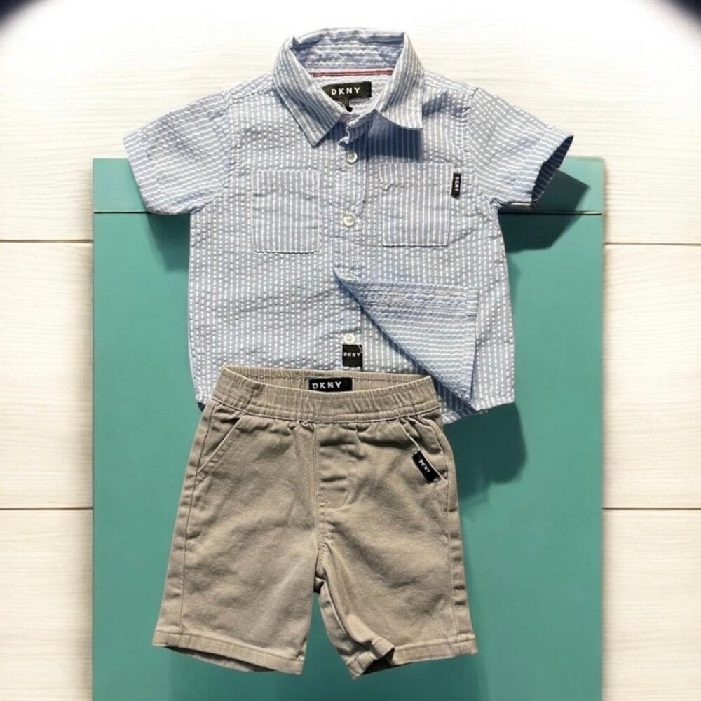DKNY Boys 2-Piece Blue Plaid Woven Shirt & Shorts Set Bundle Size 12M